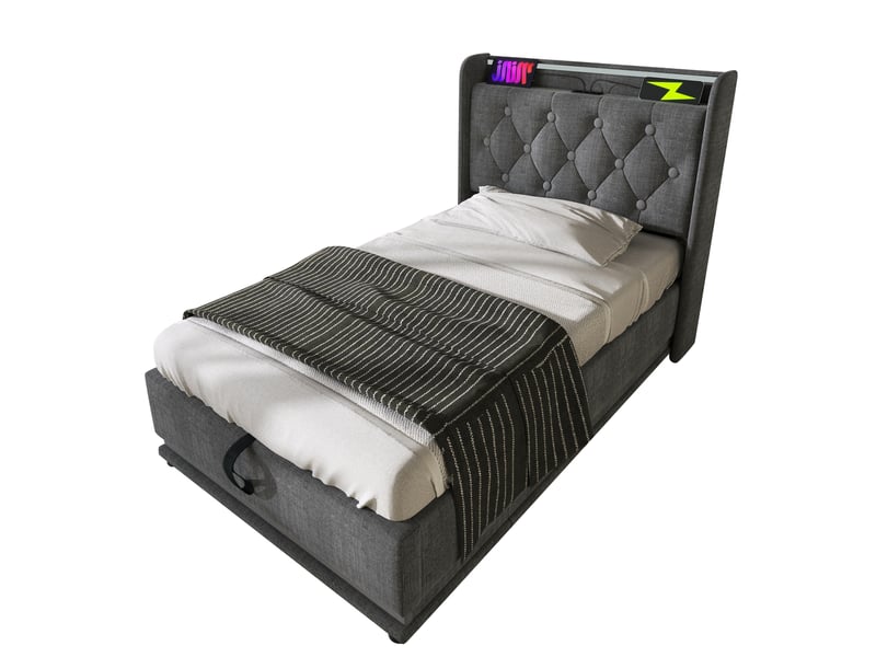  Lit coffre 1 place 90x200 cm led 360°, usb et usb-c, lin gris  - Conforama A