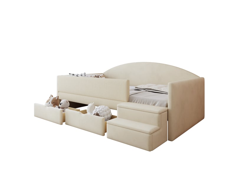  Modenvie lit enfant capitonné 90x190 cm - avec 2 tiroirs, barrières de sécurité, sans matelas - beige  - Conforama A