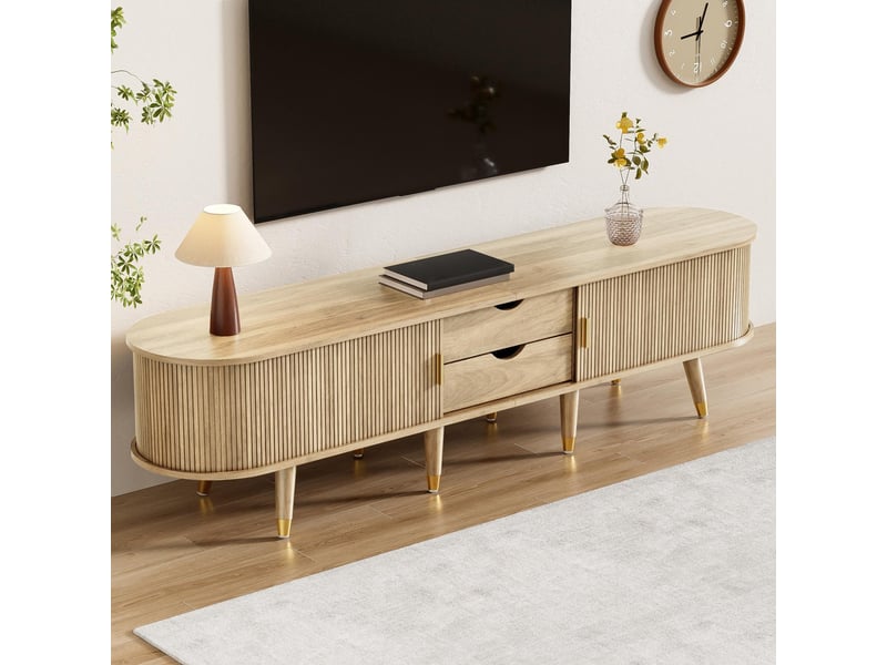  Meuble tv - 175x38x45cm - banc tv avec portes coulissantes à lattes, 2 tiroirs &amp; pieds embouts dorés - bois naturel  - Conforama C
