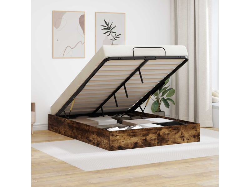  Lit adulte, lit semi-double, cadre de lit ottoman avec stockage chêne fumé 193x135x25cm cf10163  - Conforama B