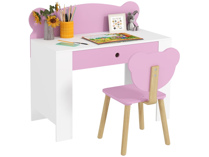  Ensemble bureau enfant, table et chaise en forme d'ours, avec tiroir, pour écrire et bricoler, 3-8 ans, rose  - Conforama A