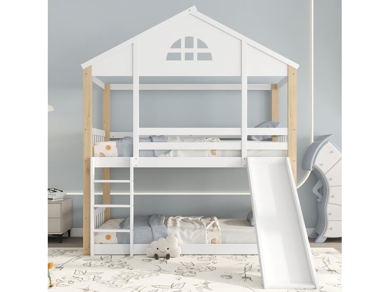  Lit superposé enfant 90x200 cm avec toboggan, échelle et barrières, blanc et naturel  - Conforama E