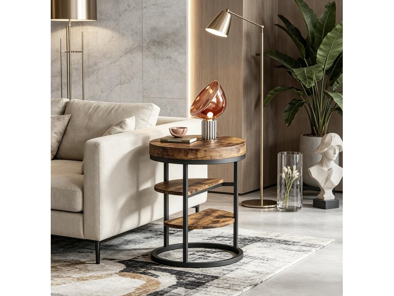  Bout de canapé rond 50x50x65 cm à 3 niveaux, coloris brun rustique et noir  - Conforama B