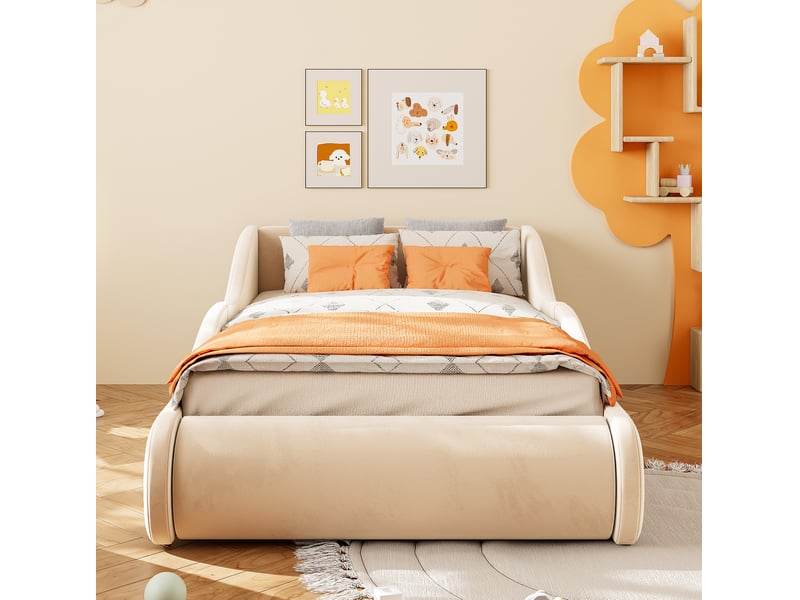  Lit mezzanine 90x200 cm rembourré avec barrières latérales en velours beige  - Conforama D