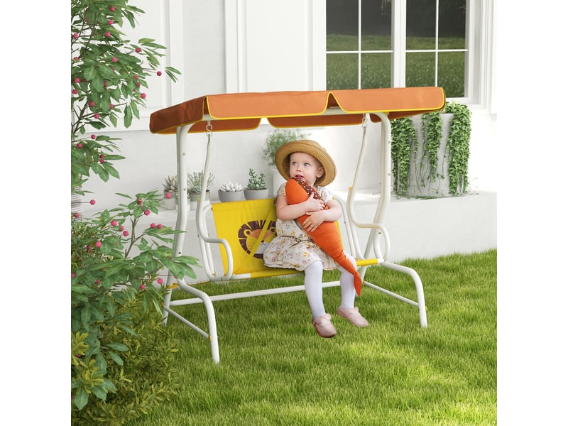 Balancelle de jardin 2 places à motif lion, auvent inclinable, charge maximale 60 kg, 110 x 70 x 110 cm, jaune - Conforama C
