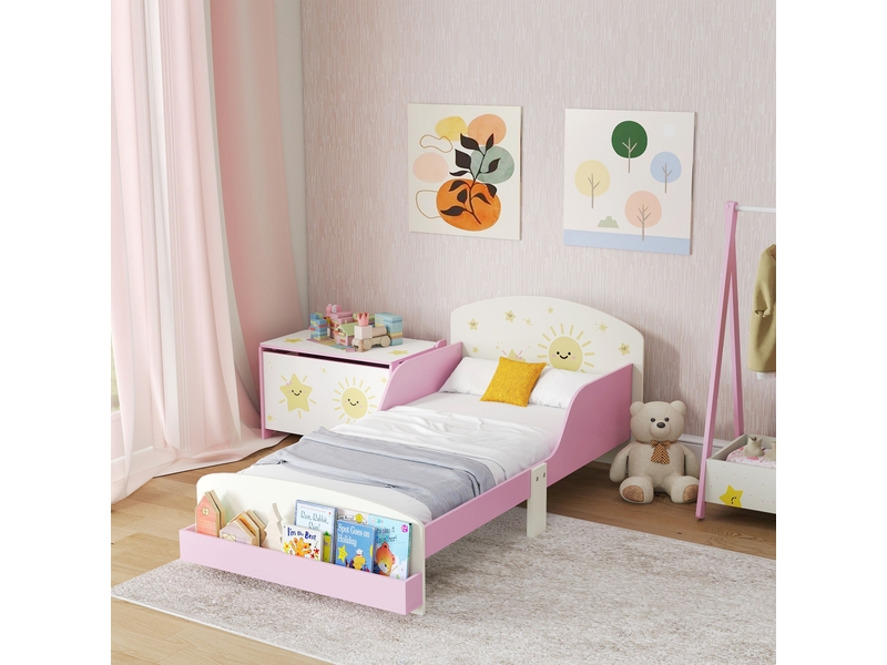 Lit enfant 70x140 cm rose avec rangement, lit de transition 3 à 8 ans en bois avec barrières - Conforama D