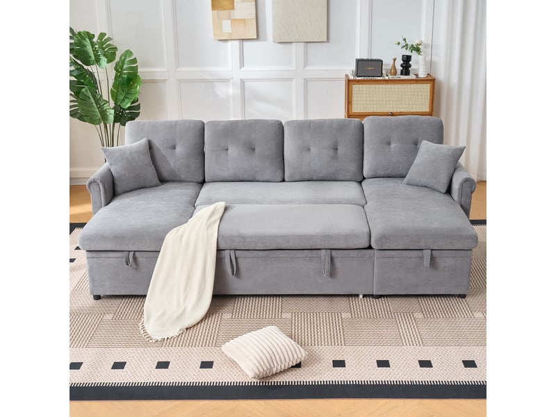 Canapé d’angle convertible en u gris en chenille, 4 places avec coffre de rangement et couchage pour salon ou chambre d’amis - Conforama W