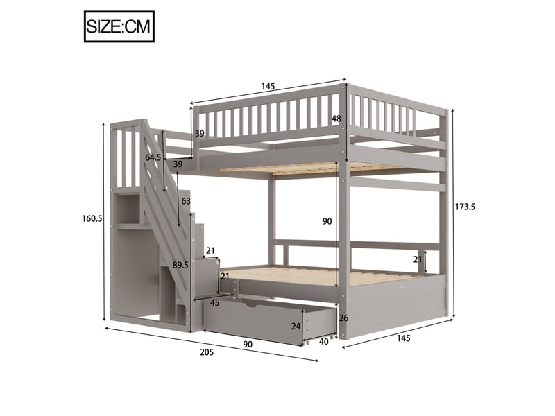 Lit superposé enfant 140x200 cm – gris – escalier de rangement, tiroir inférieur et sommier, sans matelas - Conforama C