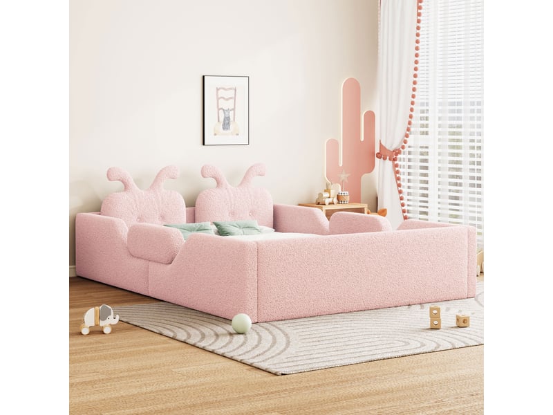 Lit enfant rembourré 140x200cm avec tête de lit oreilles de lapin, barrières de sécurité et cadre capitonné, mdf et contreplaqué - rose - Conforama D