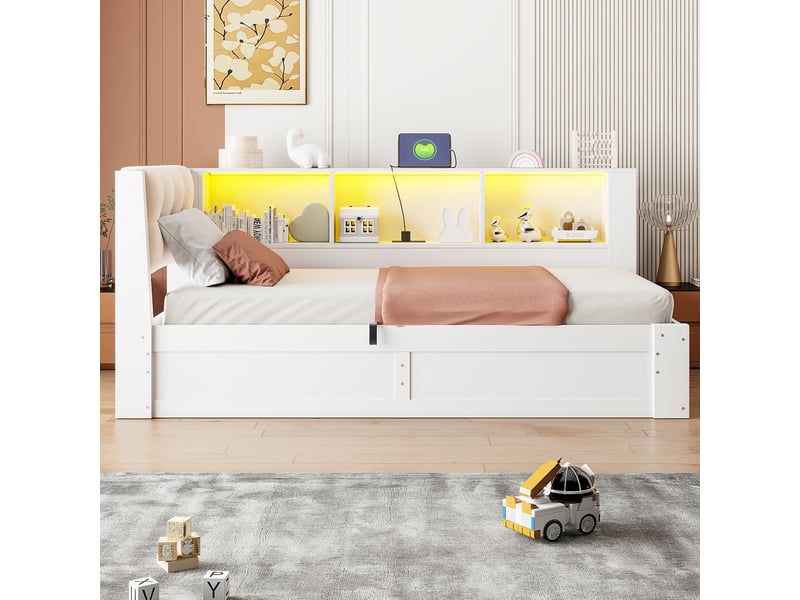  Canapé-lit 90x200 cm, lit enfant, couchage d'appoint, rangement hydraulique, étagères, led, port usb, lin blanc  - Conforama D
