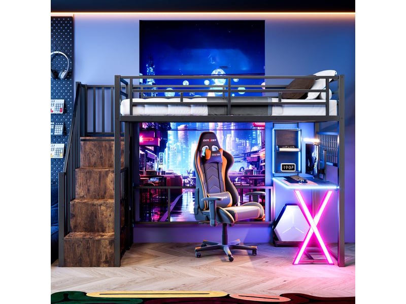  Lit mezzanine 90 x 200 cm avec bureau et armoire, échelle de rangement, éclairage led, structure en métal et mdf noir  - Conforama E