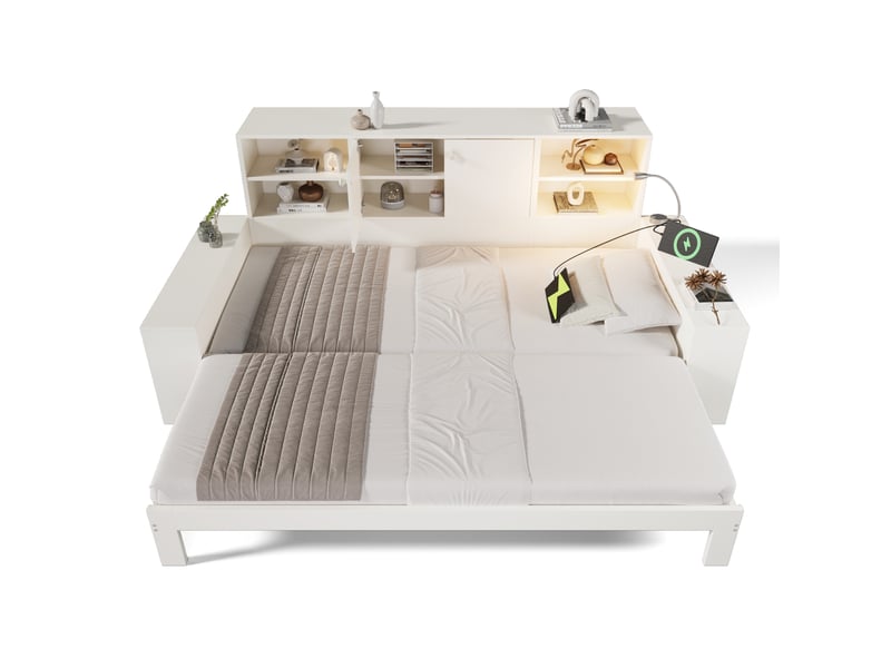 Lit banquette 90x200 cm – blanc – lit gigogne extensible avec rangement, liseuse et ports usbusb-c – sans matelas - Conforama A