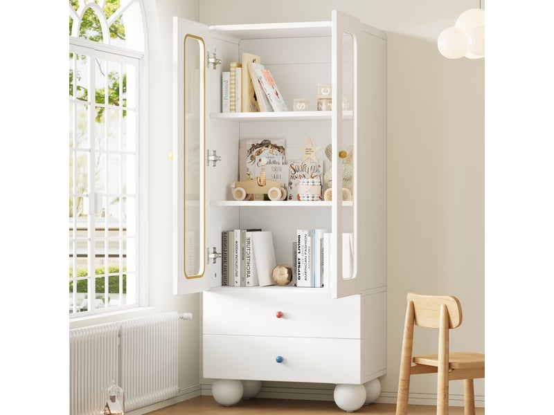 Vitrine pour enfant avec portes en verre, tiroirs et étagères, poignées en céramique colorée et pieds arrondis, meuble de rangement pour chambre, bureau ou collections OPULERANE TRADING LTD - Conforama E