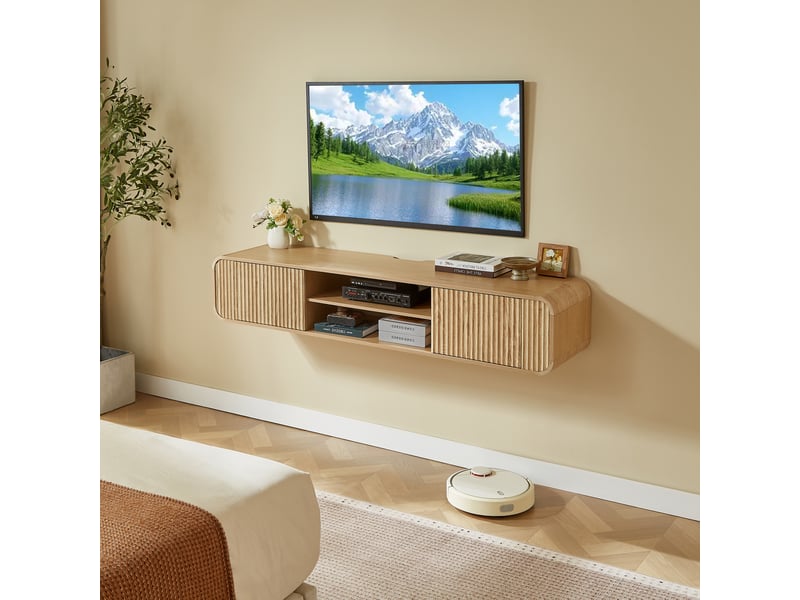  Meuble tv suspendu mural 160x38x30cm avec passe-câbles | style moderne ondulé bords arrondis | portes niches charge 50kg - bois naturel  - Conforama D