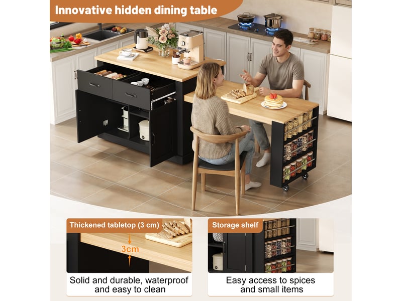 Îlot de cuisine avec table extensible, 2 portes, 2 tiroirs et prises usb, pour cuisine, mdf noir, 132 × 70 × 90 cm - Conforama E