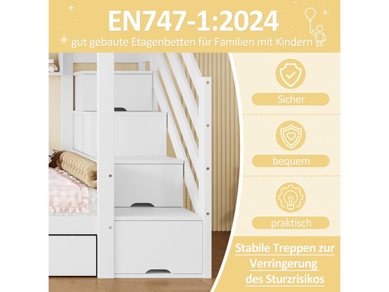  Lit superposé enfant blanc avec armoire, lit superposé 90x200 cm avec tiroirs et étagères, escalier de rangement sécurisé  - Conforama E