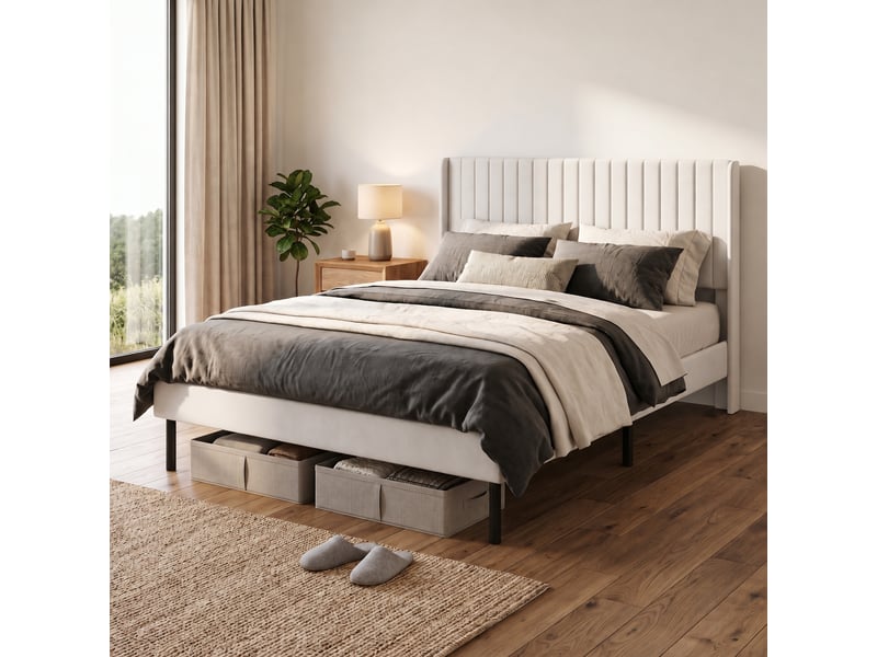  Lit rembourré 140x200 en velours beige avec tête de lit réglable de 107 à 112 cm et sommier 12 lattes  - Conforama E
