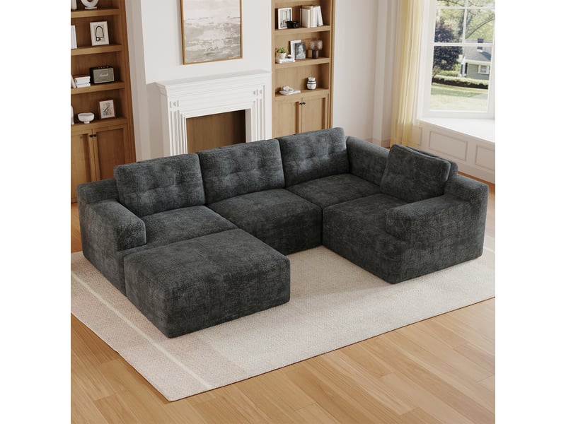 Canapé d'angle, canapé modulable, gris, sans montage, en chenille, sans cadre - Conforama R