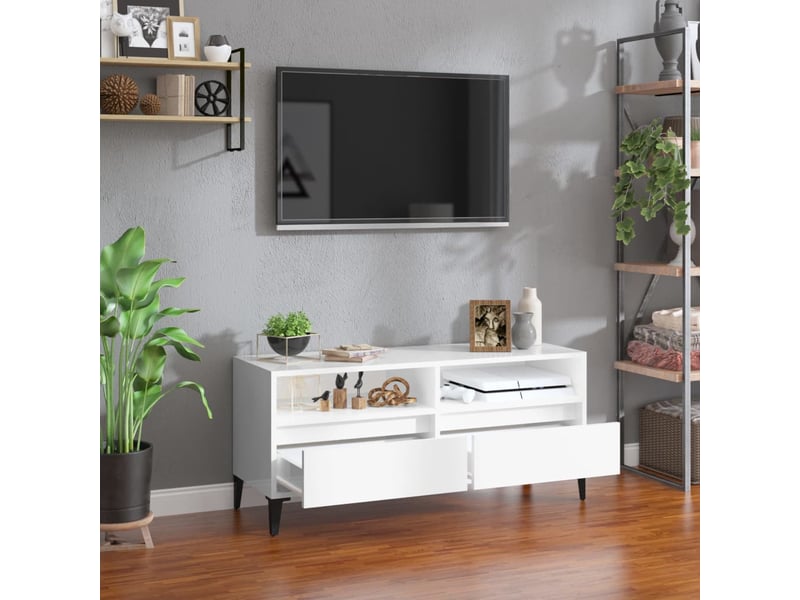  Meuble tv - banc tv - meuble de rangement blanc brillant 100x34,5x44,5 cm bois d'ingénierie  - Conforama C