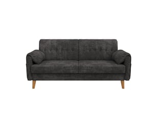 Canapé 2 places 161,5 x 79 x 83,5 cm, assise épaisse, dossier capitonné, 2 coussins, poches latérales, pieds bois massif, chenille, gris foncé