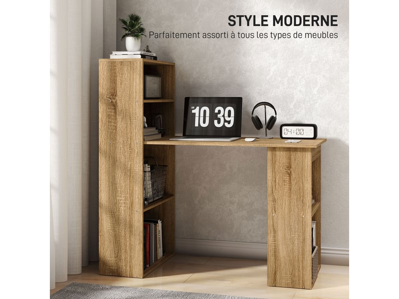  Bureau informatique avec étagère de rangement bureau d'angle adjacente bibliothèque multi-rangements chêne  - Conforama A