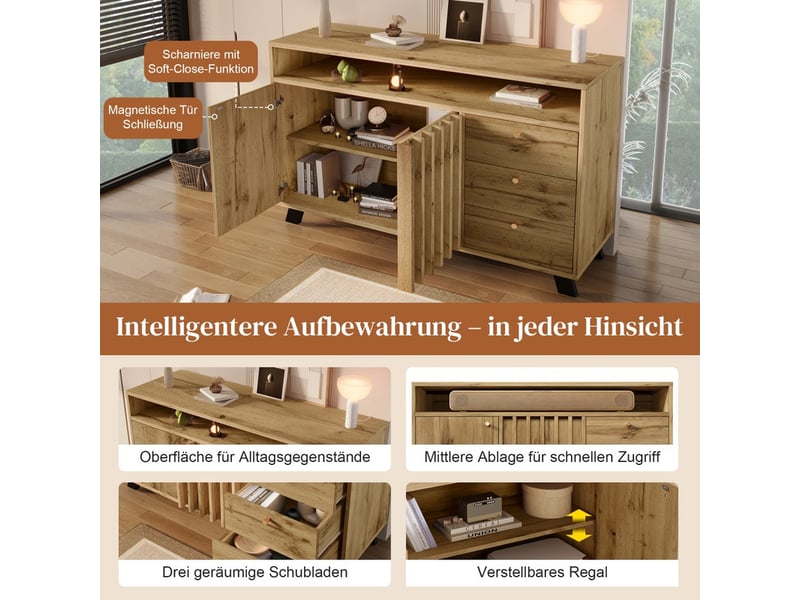 Buffet cuisine, meuble de rangement, avec 3 tiroirs, 2 portes et compartiment ouvert, 120 x 40 x 85 cm, pour salon, cuisine et salle à manger, brun clair - Conforama E