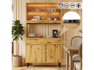 Buffet haut de cuisine 100x40x185 cm avec portes vitrées, 2 prises, usb-ausb-c et led, panneaux de particules, effet chêne