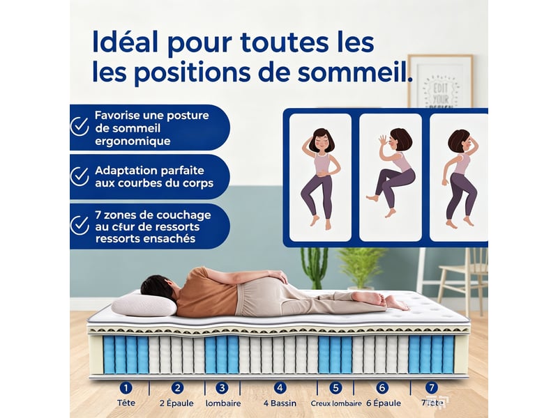  Matelas 140x200 cm, ressorts ensachés h3, 7 zones, 20 cm, certifié oeko-tex  - Conforama D