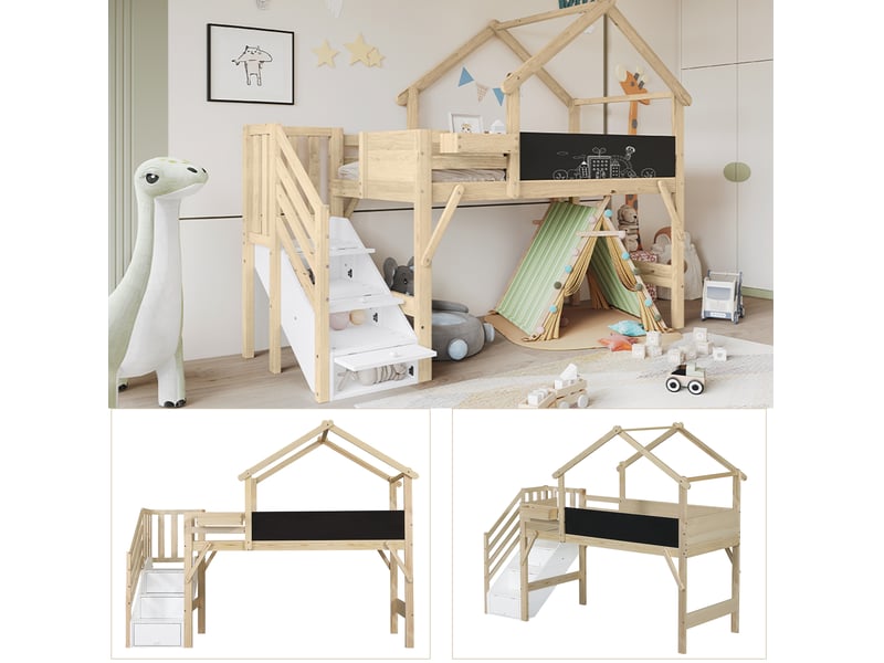 Lit superposé enfant 90x200 cm – blanc et naturel – toit cabane, escalier à 3 rangements, sans matelas - Conforama E