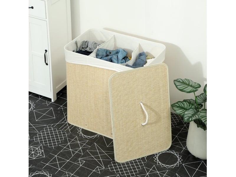  Panier à linge à 3 compartiments avec couvercle et sac lavable amovible en bambou crème 52 × 32 × 63 cm  - Conforama C