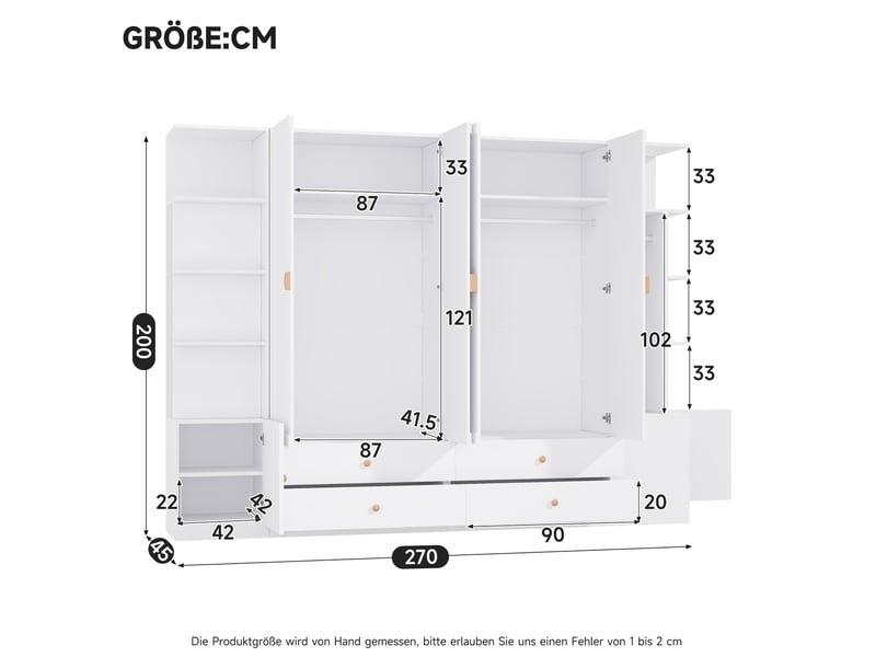 Armoire 6 portes blanche 270x45x200 cm avec 4 tiroirs et 4 penderies - Conforama D