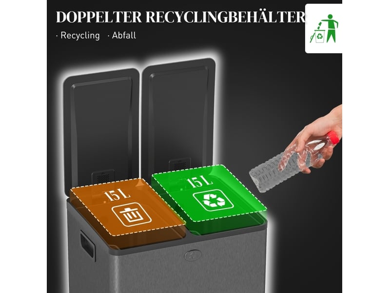  Poubelle à pédale double 2x15 l en acier inoxydable noir avec fermeture douce  - Conforama E