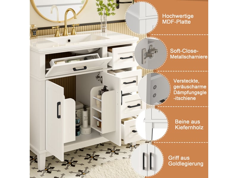  Meuble vasque sur pied blanc, 90 x 46 x 87 cm, en mdf et céramique, avec pieds en bois massif et vasque intégrée  - Conforama C