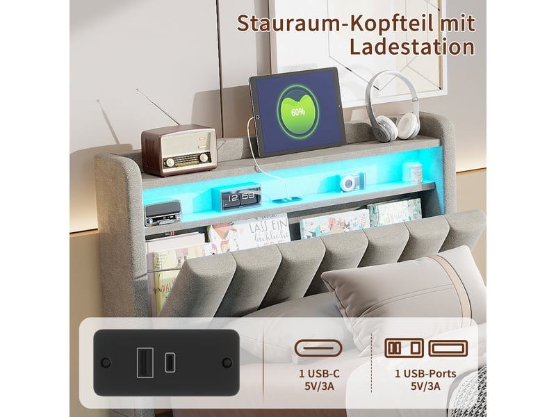  Lit coffre 90 x 200 avec sommier led et usb, lit simple rembourré avec hydraulique rangement e tete de lit, lit 1 personne pour adultes et ado  - Conforama R