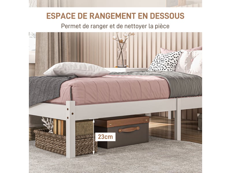  Cadre de lit simple 90x190 cm en bois de pin, avec tête de lit et sommier à lattes  - Conforama R
