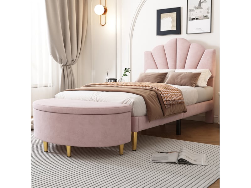  Banc coffre 90x40x42 cm en velours rose avec rangement  - Conforama D