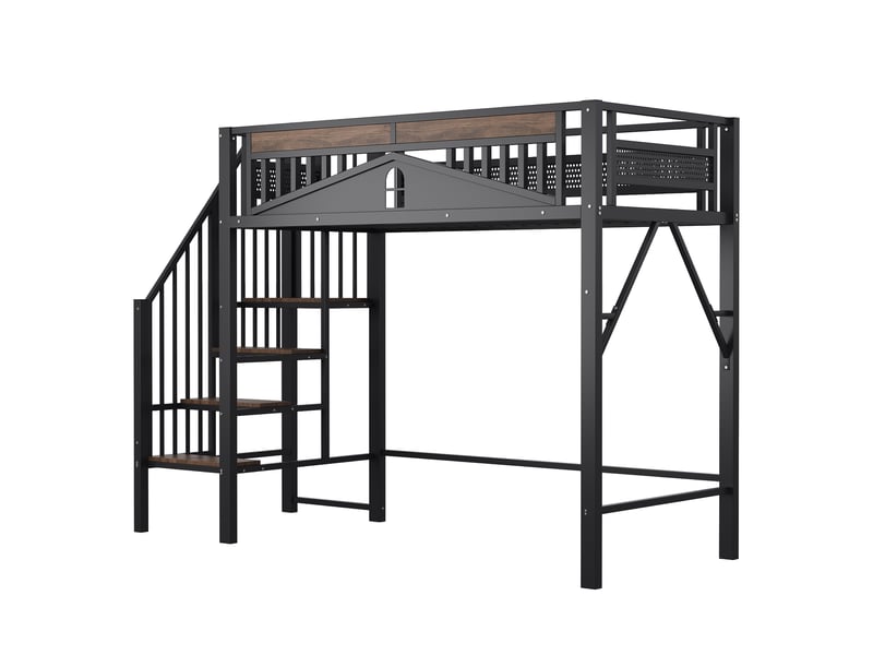  Lit mezzanine avec barrière sécurisée et fenêtre, métal noir, 90x200 cm, échelle et espace libre dessous  - Conforama D