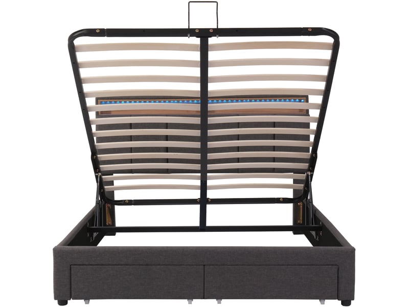  Lit rembourré 140x190 cm avec coffre de rangement hydraulique, tiroirs et compartiments de rangement, revêtement en lin gris, sans matelas  - Conforama W