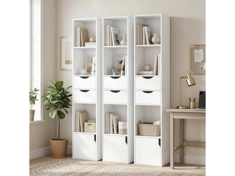  Bibliothèque étroite 30 x 24 x 158 cm – blanche – 3 étagères ouvertes, 2 tiroirs et rangement fermé  - Conforama B