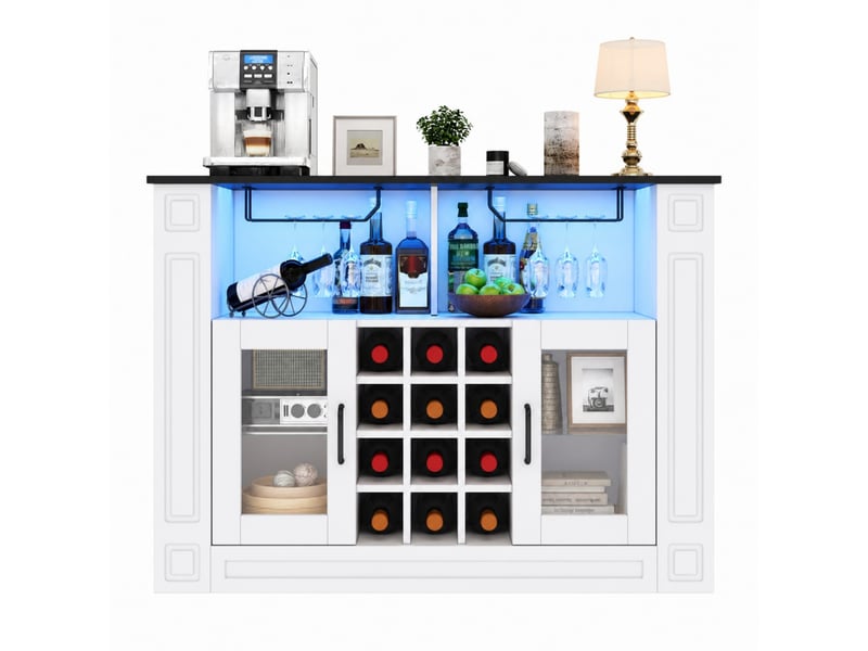  Meuble bar 120x35x84 cm buffet avec led rgb, porte-verres, 3 tiroirs, casier à bouteilles amovible et portes vitrées, blanc  - Conforama A