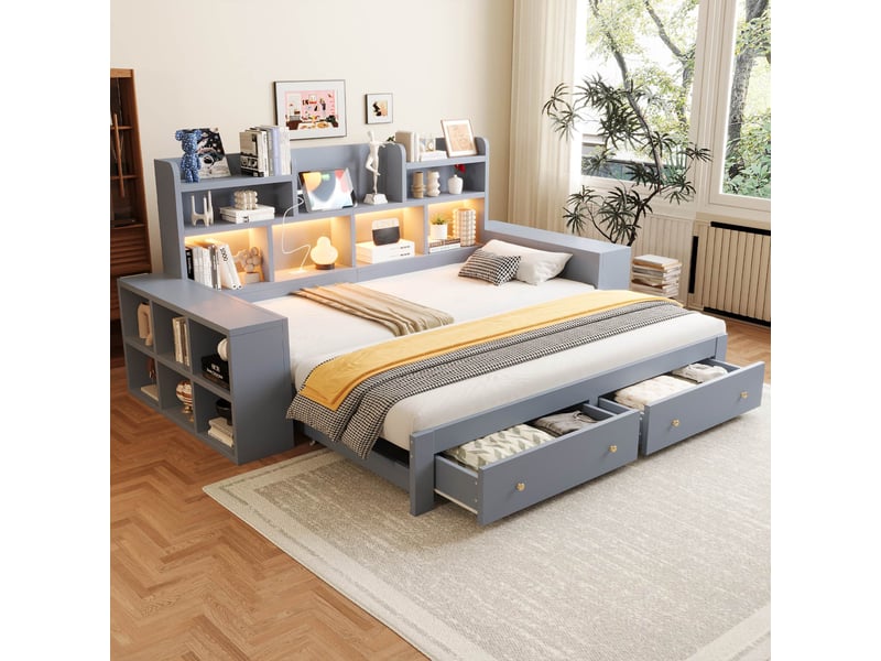  Lit banquette extensible 90x200 cm convertible en 180x200 cm avec rangements et tiroirs, led, prises intégrées et étagères en mdf - gris  - Conforama B