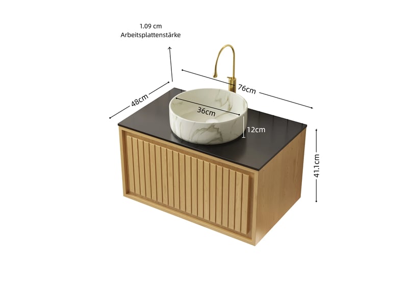  Meuble sous vasque suspendu avec 1 tiroir et plateau en pierre frittée, vasque en céramique, salle de bain, 76×48×53,1 cm  - Conforama D