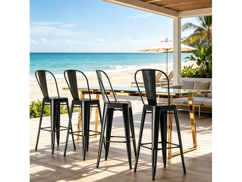  Tabouret de bar lot de 4 empilable avec dossier amovible et repose-pieds en métal noir  - Conforama E