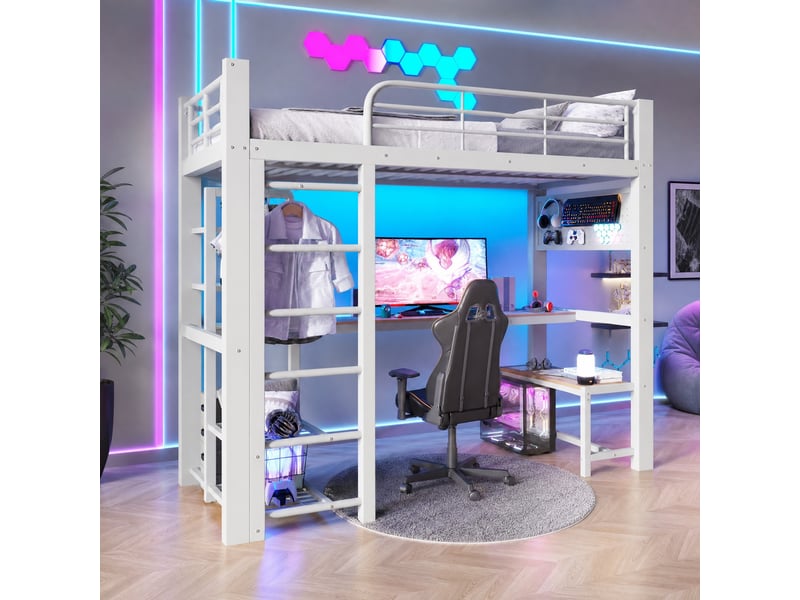  Lit mezzanine modenvie 90 x 200 cm en métal avec bureau, led, rangements et barre de penderie, blanc  - Conforama B