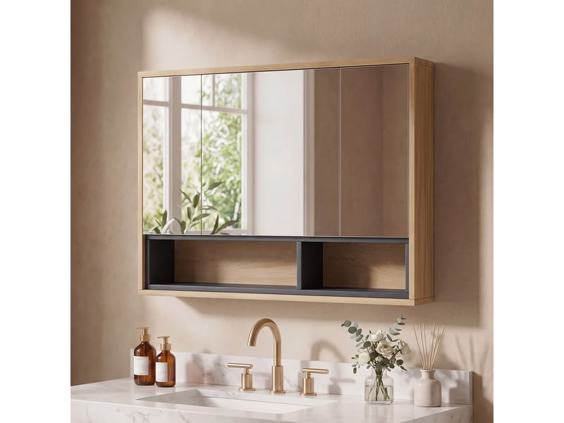  Meuble salle de bain avec miroir, armoire toilettes murale avec placards à 3 portes et 8 compartiments, chêne  - Conforama B