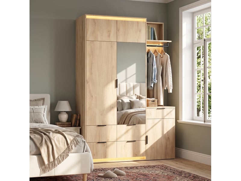  Armoire vestiaire 135x47x200 cm avec led, miroir, 2 barres de penderie et 5 tiroirs mdf couleur bois  - Conforama E