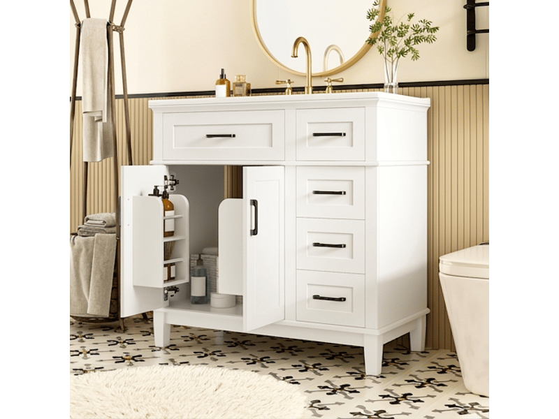  Meuble salle de bain sur pied 90 cm avec meuble vasque céramique blanc et poignées noires  - Conforama D