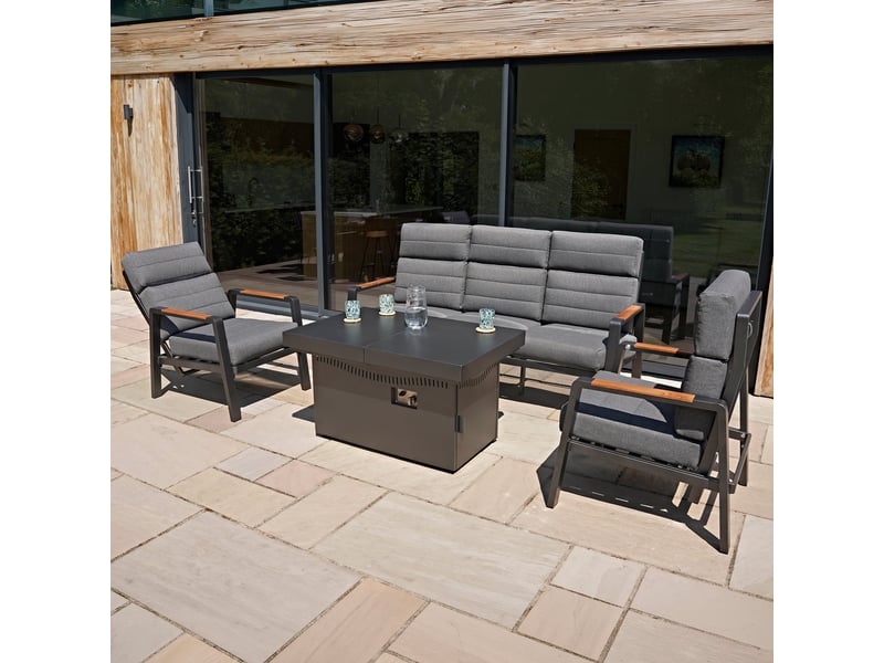  Salon de jardin en aluminium gris 5 places, 4 pièces, canapé 3 places, 2 fauteuils inclinables, brasero, coussins épais lavables, ensemble 216639 - Conforama D