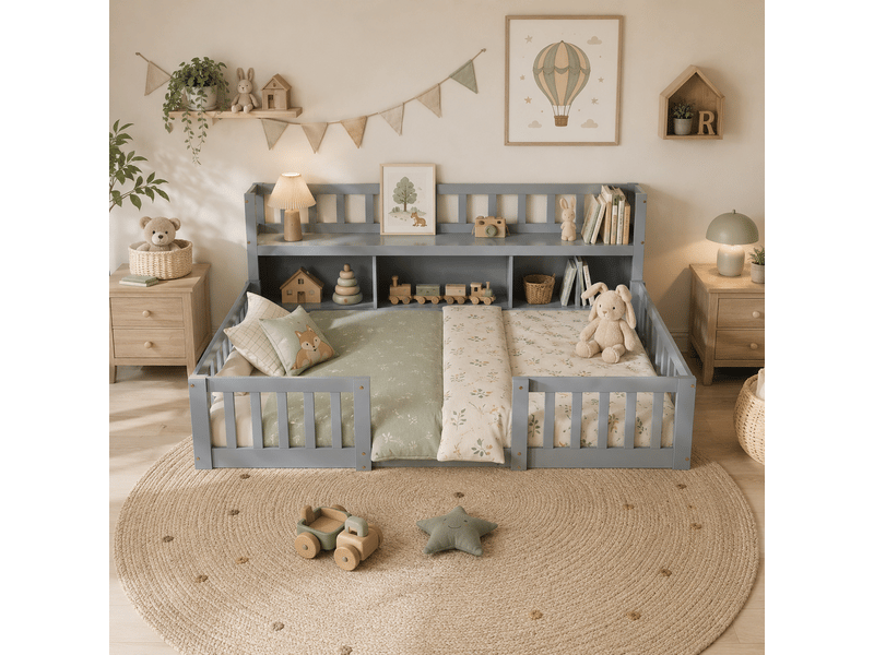  Lit enfant 90x200 cm avec bibliothèque, lit au sol avec barrière de sécurité et sommier à lattes, cadre de lit montessori au sol en bois massif, gris  - Conforama D