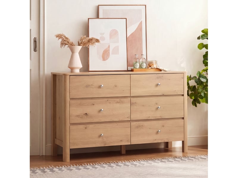  Commode moderne avec 6 tiroirs sur rails métalliques pour chambre, séjour ou entrée, chêne, 120 × 40 × 80 cm  - Conforama B